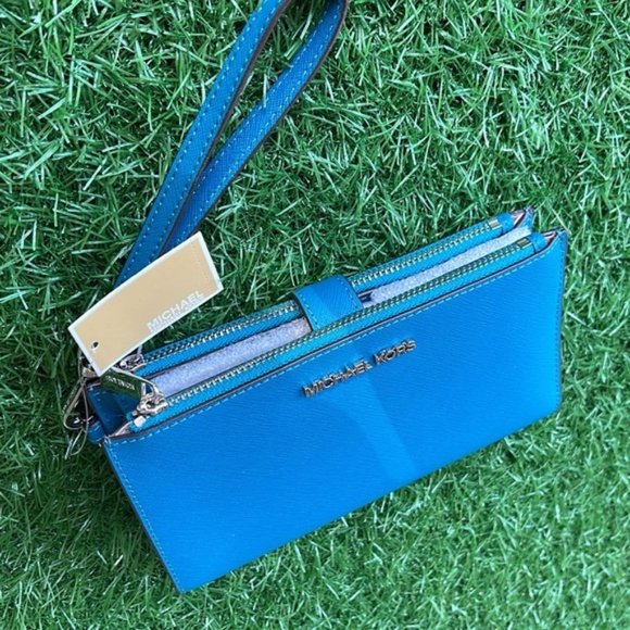 Michael Kors Large Double Zip Leather Wallet Wristlet Phone Case Lagoon - Picture 2 of 16